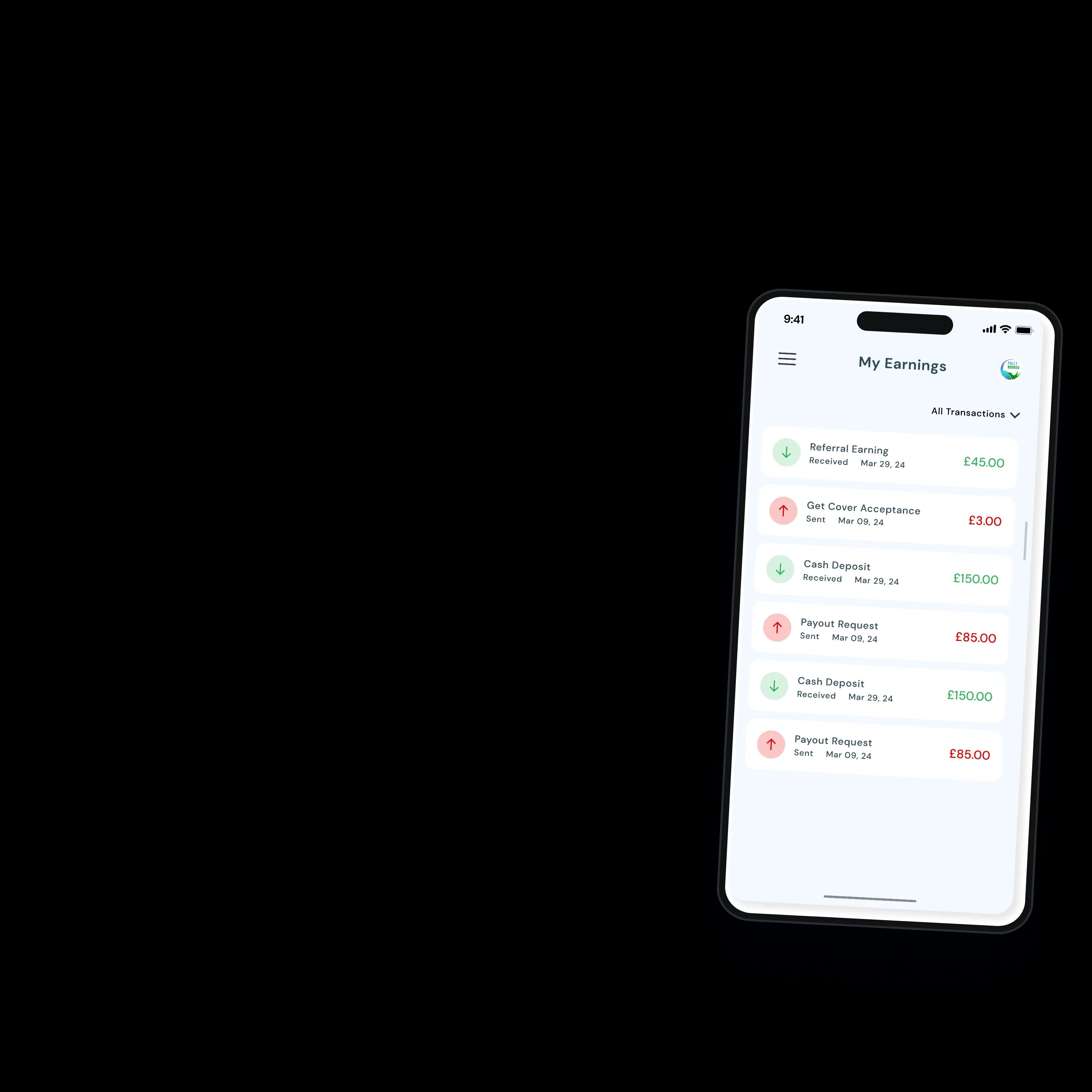 Referral earnings, cover fees, deposits and payouts in the transaction history