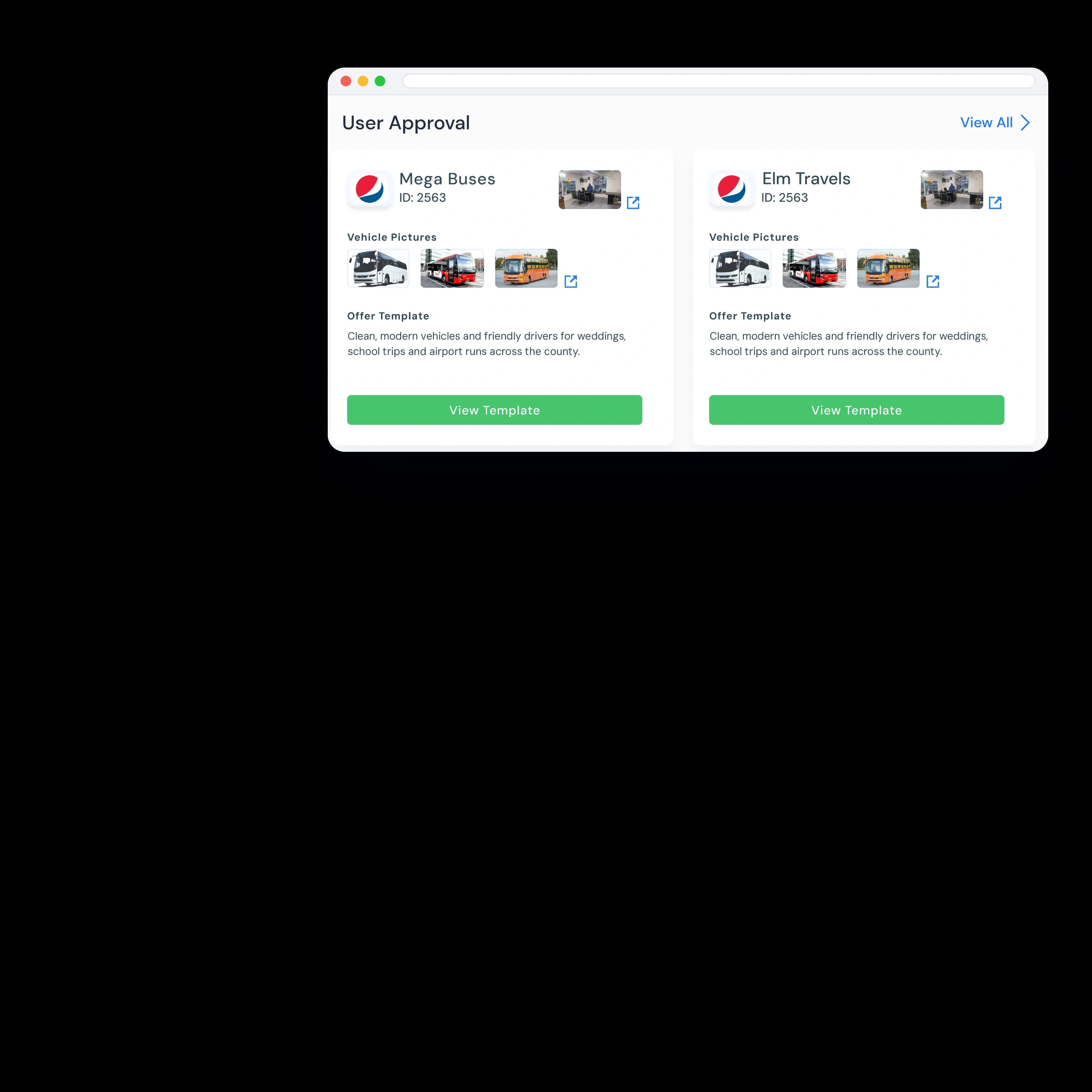 Operators waiting for approval, with vehicle photos and offer templates to check