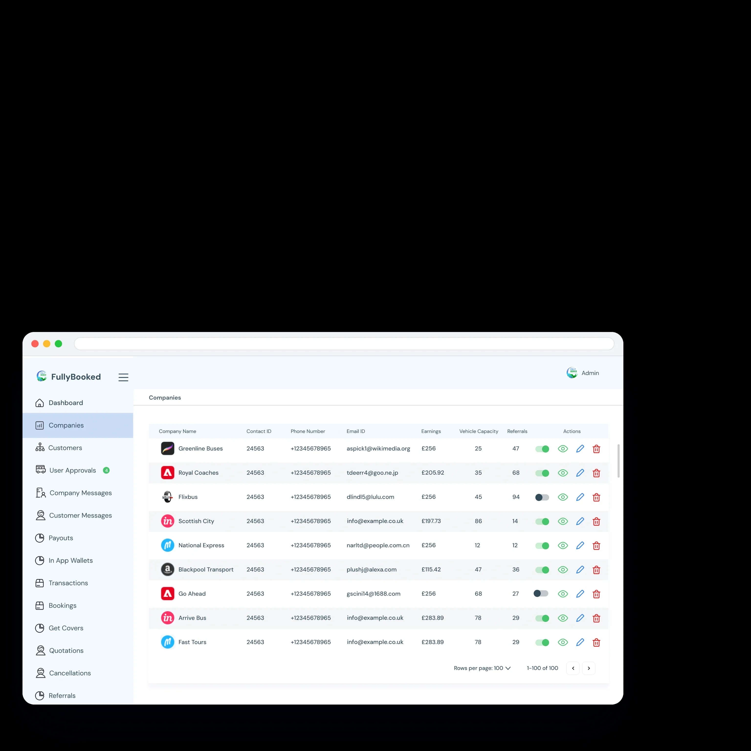 The companies list with earnings, fleet size, referrals and a pause switch per operator