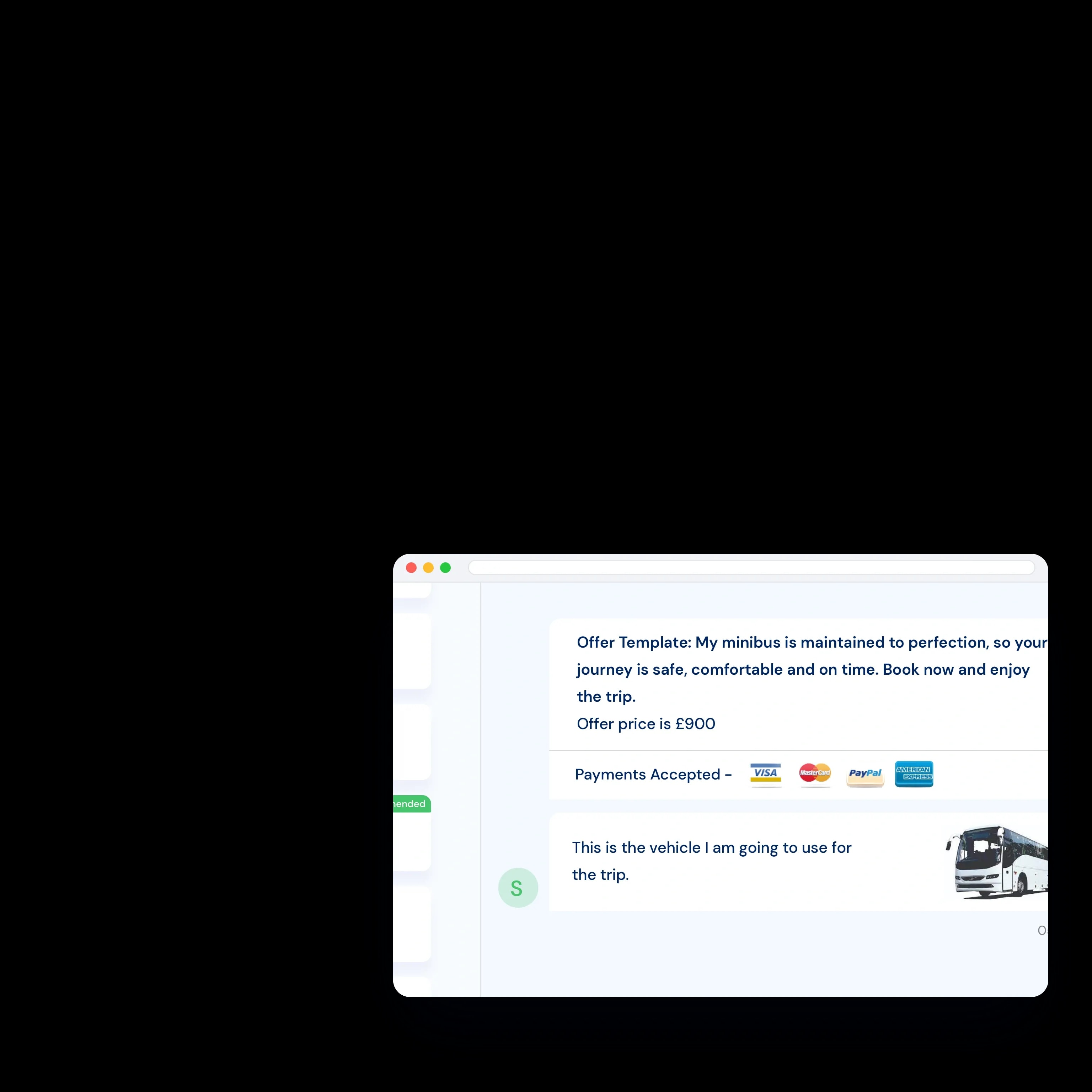 One operator's offer card: template, price, accepted payments and the vehicle for the trip